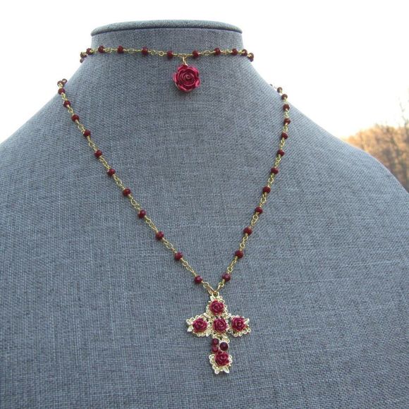 Double Hung Rosary Inspired Necklace Gold Red Rose Cross - Picture 4 of 4